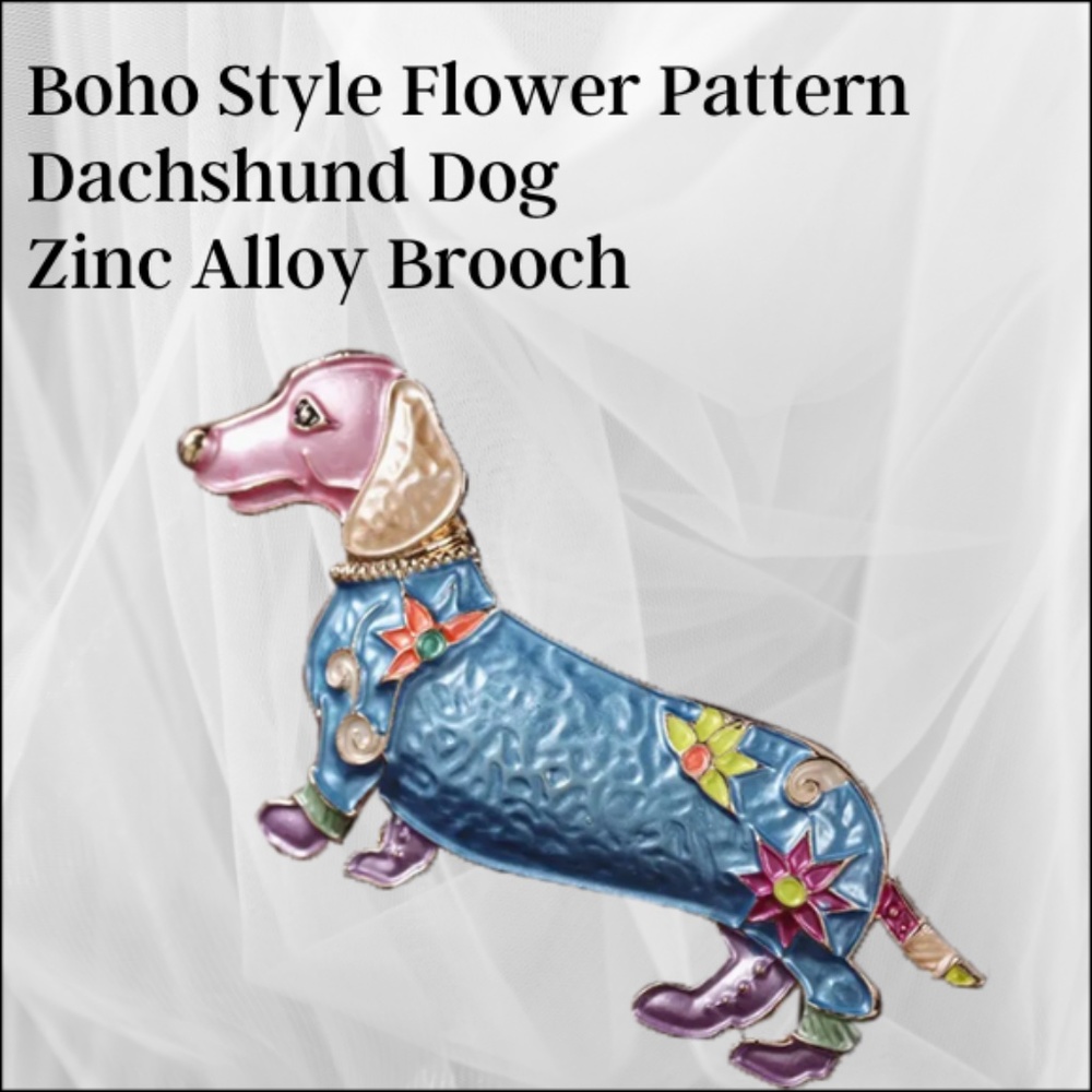 Brooch-Dachshund -Beautiful flower pattern khaki with a cute shape design